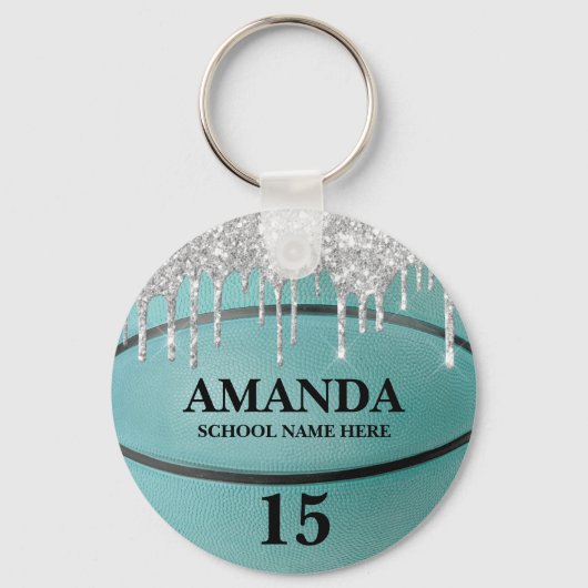 Meisjes Turquoise Glitter Drip Basketbal Sleutelha Sleutelhanger (Voorkant)