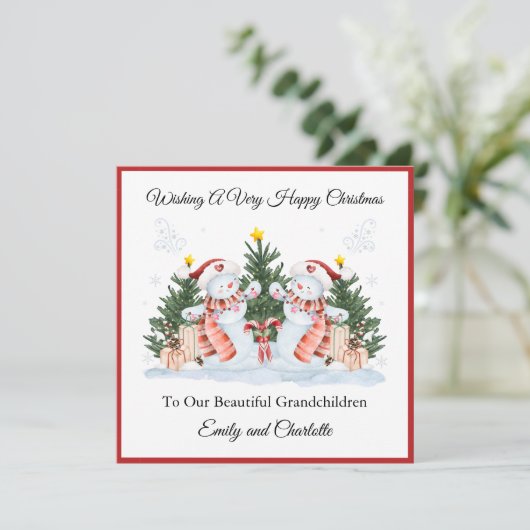 Meisjes Tweeling Eerste Tweede Kerstmis Sneeuwman  Feestdagenkaart (Staand voorkant)