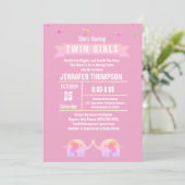 Meisjes Twin Elephant Pink/Paars Baby shower Kaart (Staand voorkant)