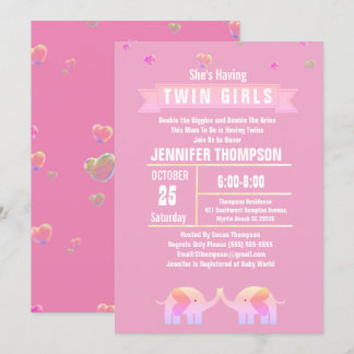 Meisjes Twin Elephant Pink/Paars Baby shower Kaart