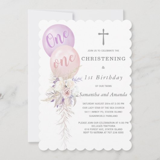 Meisjes Twins doop en eerste verjaardag Kaart (Voorkant)