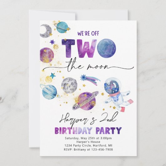 Meisje's TWO de Moon Uitnodiging | Ruimtevaart (Voorkant)