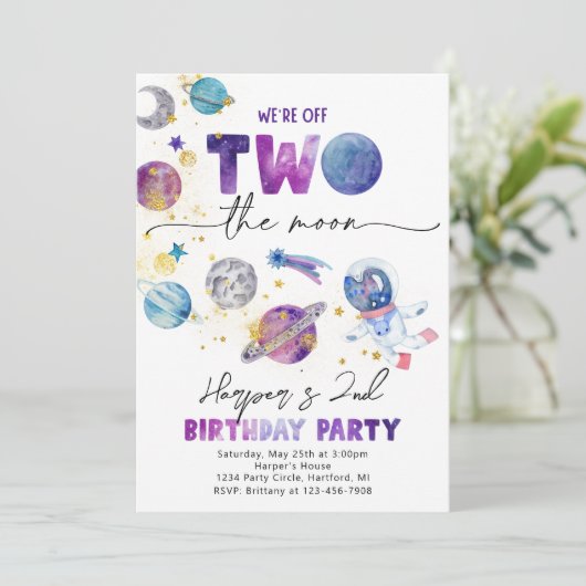 Meisje's TWO de Moon Uitnodiging | Ruimtevaart (Staand voorkant)