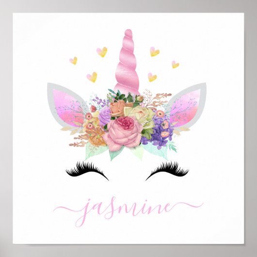 Meisjes Unicorn Pink Floral Script Name Poster (Voorkant)