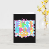 Meisjes van de eerste klas terug naar school strik kaart (Gele Bloem)