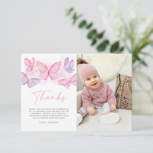 Meisjes van de eerste verjaardag Butterfly Foto be Bedankkaart (Staand voorkant)