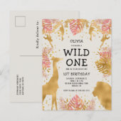 Meisjes van de eerste verjaardag Roze Ecru Safari Uitnodiging Briefkaart (Voorkant / Achterkant)