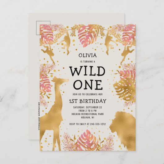 Meisjes van de eerste verjaardag Roze Ecru Safari Uitnodiging Briefkaart (Voorkant / Achterkant)