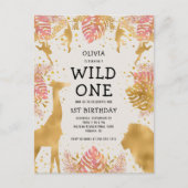 Meisjes van de eerste verjaardag Roze Ecru Safari Uitnodiging Briefkaart (Voorkant)