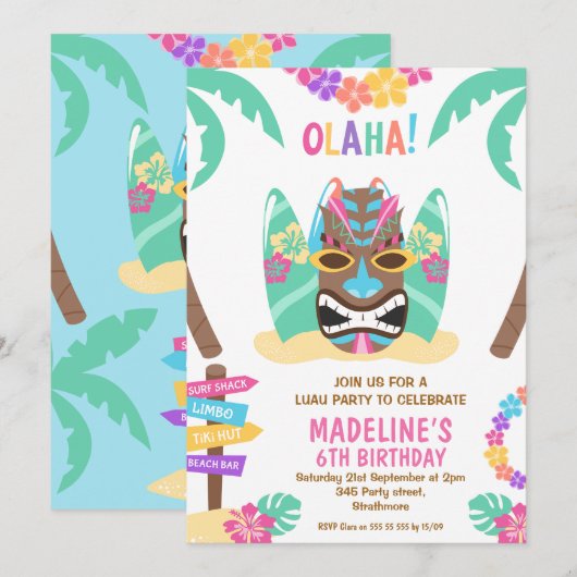 Meisjes veelkleurige Aloha Luau verjaardagsuitnodi Kaart (Voorkant / Achterkant)