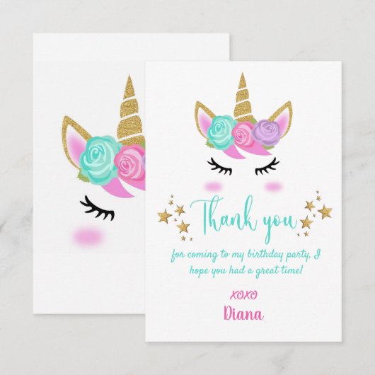 Meisje's Verjaardag Eenhoorn Thema Bedankkaart (Voorkant / Achterkant)