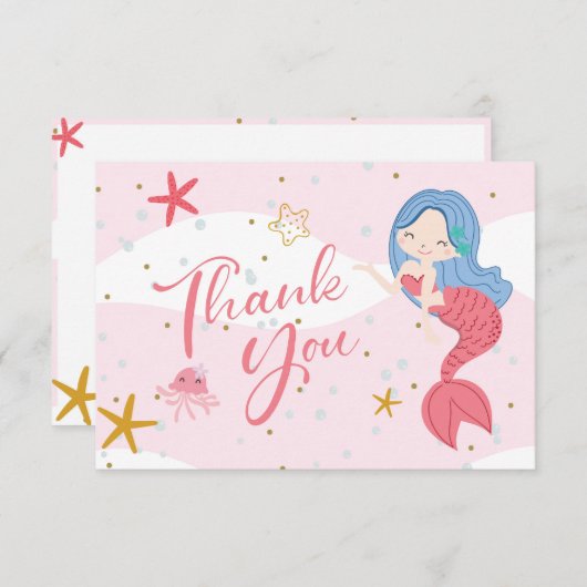Meisjes verjaardag - Mermaid Shells - Hartelijk da Bedankkaart (Voorkant / Achterkant)