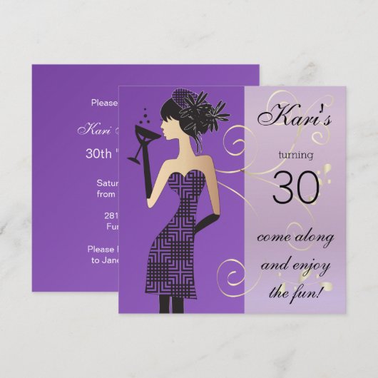 Meisjes verjaardag of vrijgezellenfeest in paars kaart (Voorkant / Achterkant)