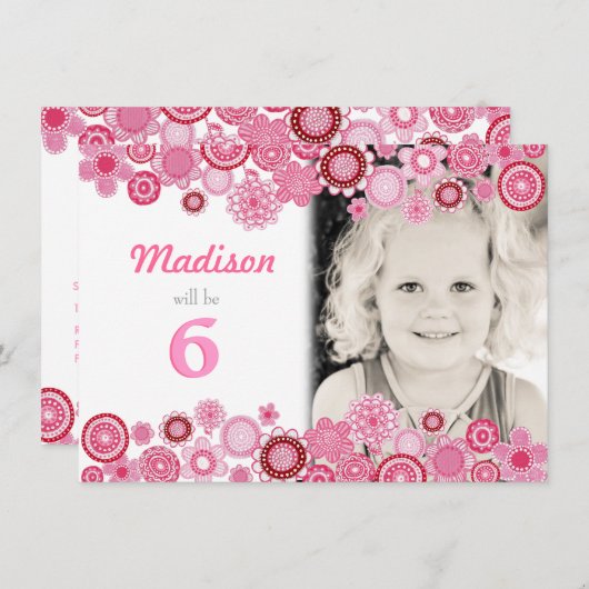 Meisjes Verjaardag Roze Feest Uitnodiging Fotokaar (Voorkant / Achterkant)