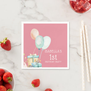Meisjes verjaardagsballonnen roze bloemen & veren, servet