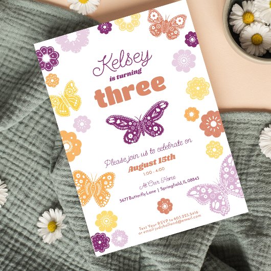 Meisjes Verjaardagsfeestje Retro Vlinder Verjaarda Kaart