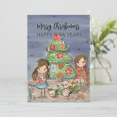 Meisjes versieren kerstboom feestdagenkaart (Staand voorkant)