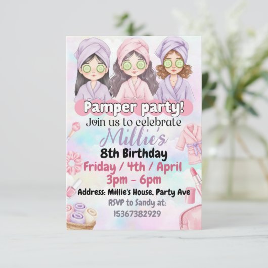 Meisjes verwennen verjaardagsuitnodiging kaart (Staand voorkant)