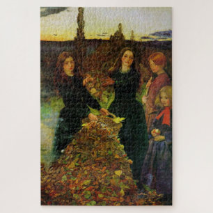 Meisjes verzamelen herfst bladeren voor een vreugd legpuzzel