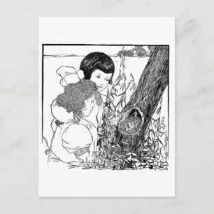 Meisjes vinden een vogelnest briefkaart