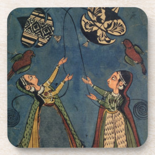Meisjes vliegende vliegers, Kulu folk schilderij, Bier Onderzetter