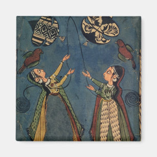 Meisjes vliegende vliegers, Kulu folk schilderij,  Magneet