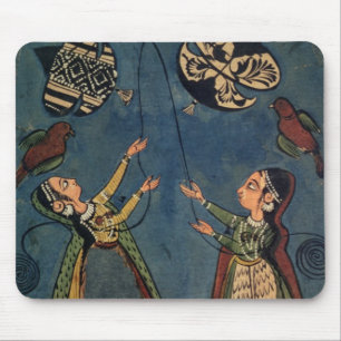 Meisjes vliegende vliegers, Kulu folk schilderij,  Muismat