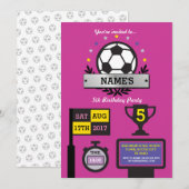 Meisjes Voetbalfeest Verjaardag Sport Roze Uitnodi Kaart (Voorkant / Achterkant)