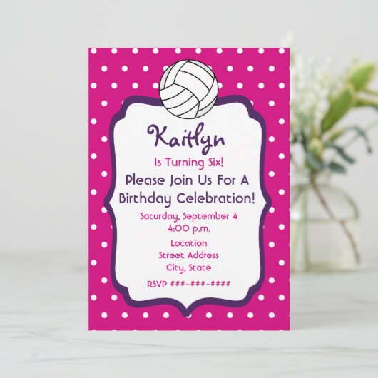Meisjes Volleyball Birthday Invite - Roze met Paar Kaart (Staand voorkant)