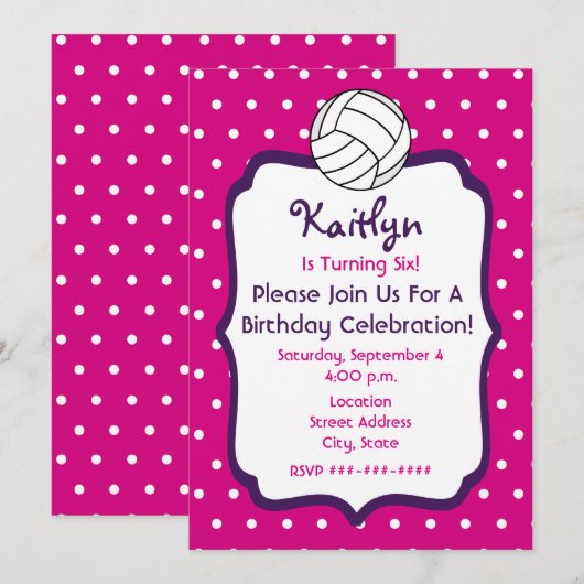 Meisjes Volleyball Birthday Invite - Roze met Paar Kaart (Voorkant / Achterkant)