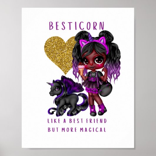 Meisjes Vriend Geschenk Zwarte Eenhoorn Besticorn  Poster (Voorkant)