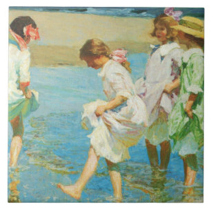Meisjes Wandelen in Water aan de Kust Tegeltje