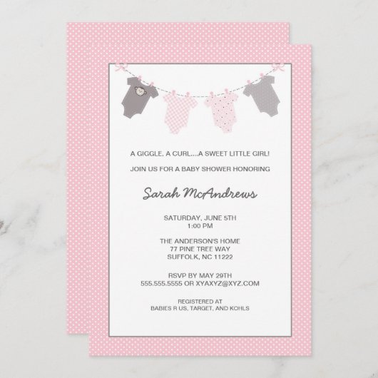 Meisjes waslijn baby shower uitnodiging Roze Grijs (Voorkant / Achterkant)