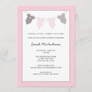 Meisjes waslijn baby shower uitnodiging Roze Grijs
