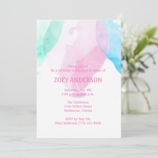 Meisjes Waterverf Ballon Verjaardagsfeest Uitnodig Kaart (Staand voorkant)