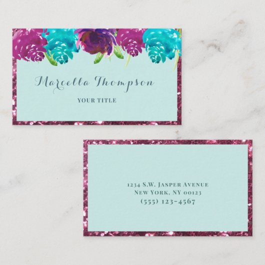 Meisjes Waterverf Blauwgroen Fuchsia Roze floral G Visitekaartje (Voorkant / Achterkant)