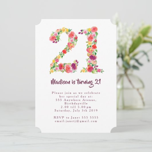 Meisjes Waterverf Bloemen 21ste Verjaardag Party V Kaart (Staand voorkant)