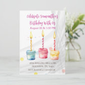 Meisjes Waterverf Cup Cakes Verjaardagsuitnodiging Kaart (Staand voorkant)