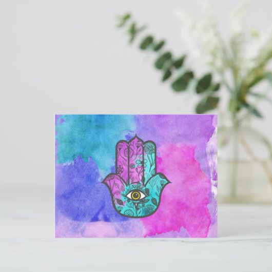 Meisjes Waterverf Floral Print Hamsa Hand Fatima Briefkaart (Staand voorkant)