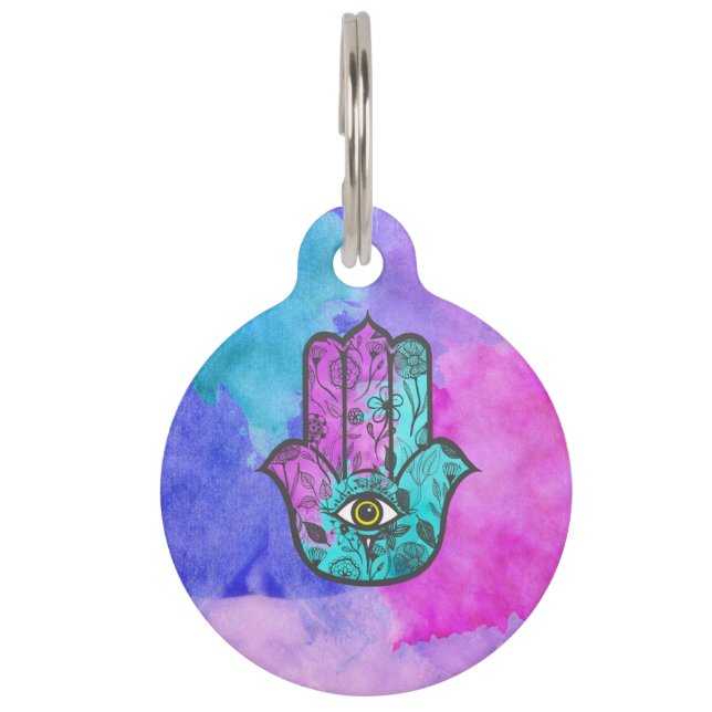 Meisjes Waterverf Floral Print Hamsa Hand Fatima Huisdierpenning (Achterkant)