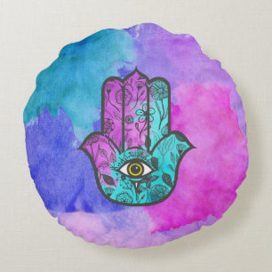 Meisjes Waterverf Floral Print Hamsa Hand Fatima Rond Kussen