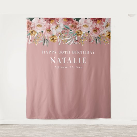 Meisjes waterverf florale 30e verjaardag roze chic wandkleed (Voorkant)