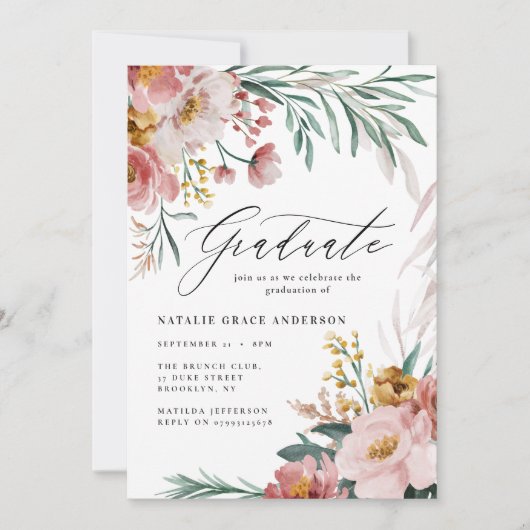 Meisjes waterverf florale botanische roze afstuder (Voorkant)