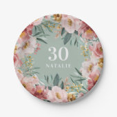 Meisjes waterverf florale verjaardag roze chic papieren bordje (Voorkant)