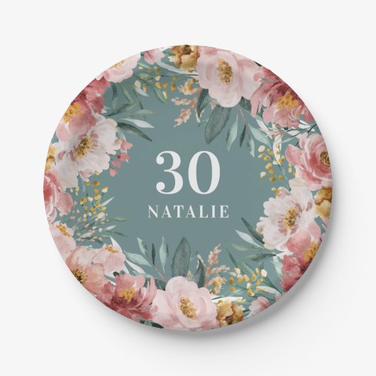 Meisjes waterverf florale verjaardag roze chic papieren bordje (Voorkant)