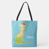 Meisjes Waterverf Giraffe Gepersonaliseerd Blauw D Tote Bag (Voorkant)
