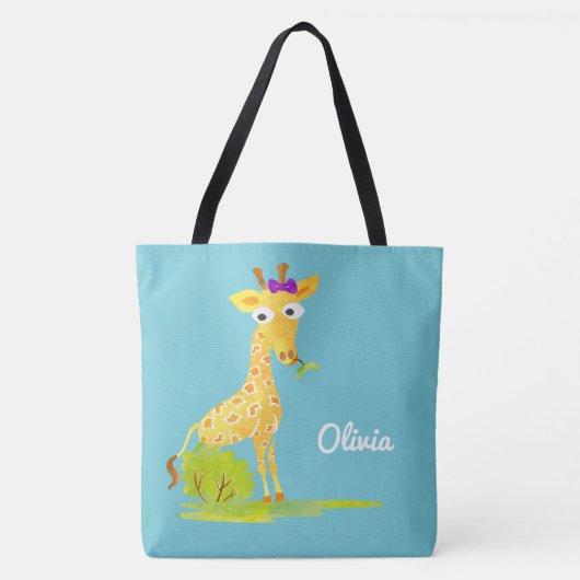 Meisjes Waterverf Giraffe Gepersonaliseerd Blauw D Tote Bag (Voorkant)