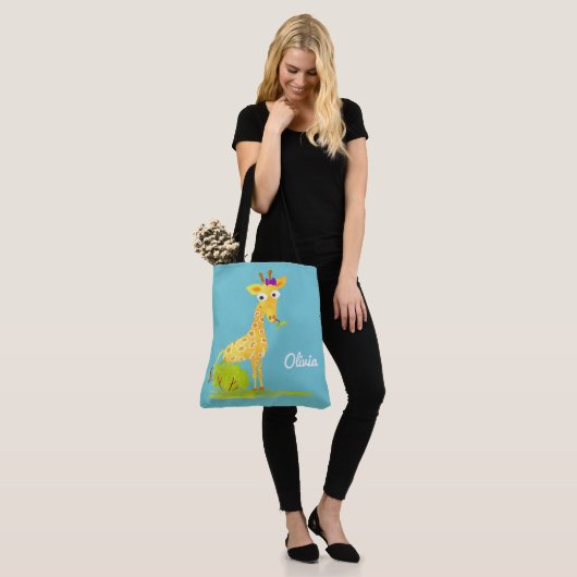 Meisjes Waterverf Giraffe Gepersonaliseerd Blauw D Tote Bag (Op model)