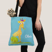 Meisjes Waterverf Giraffe Gepersonaliseerd Blauw D Tote Bag (Dichtbij)