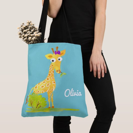 Meisjes Waterverf Giraffe Gepersonaliseerd Blauw D Tote Bag (Dichtbij)